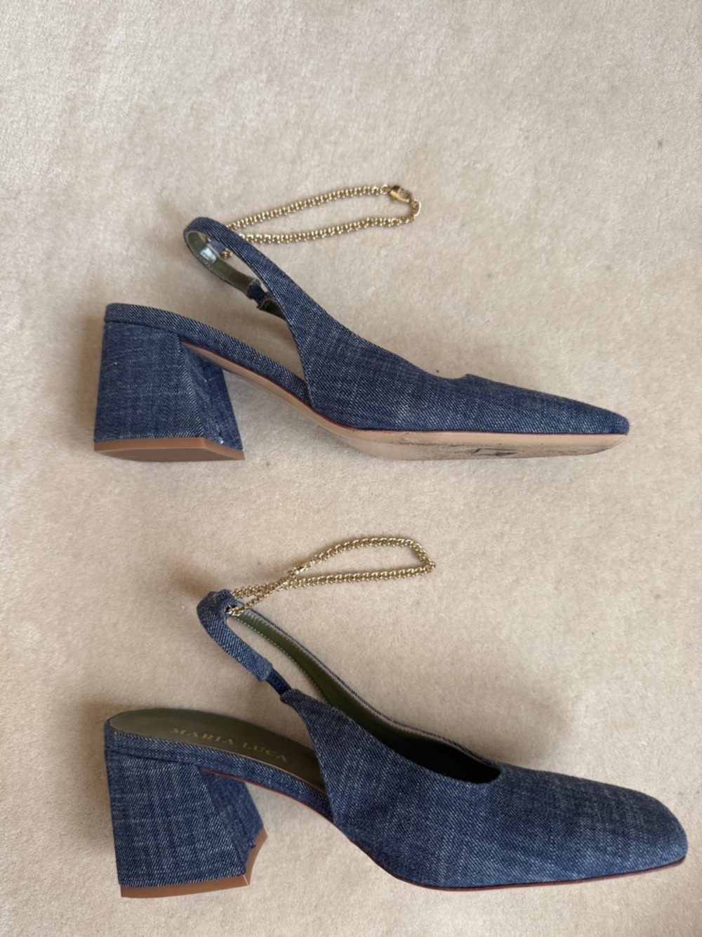 Denim Slingback Block Heel Pumps with Gold Ankle Chain - Blue